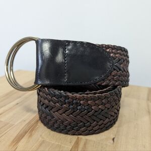 Talbot's Wide Brown Braided Leather Belt Woven Double Ring Brass Low Hip S